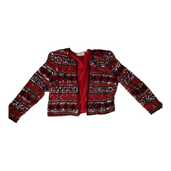 Laurence Kazar Vintage size L red and black sequined long sleeved jacket - Picture 4 of 12